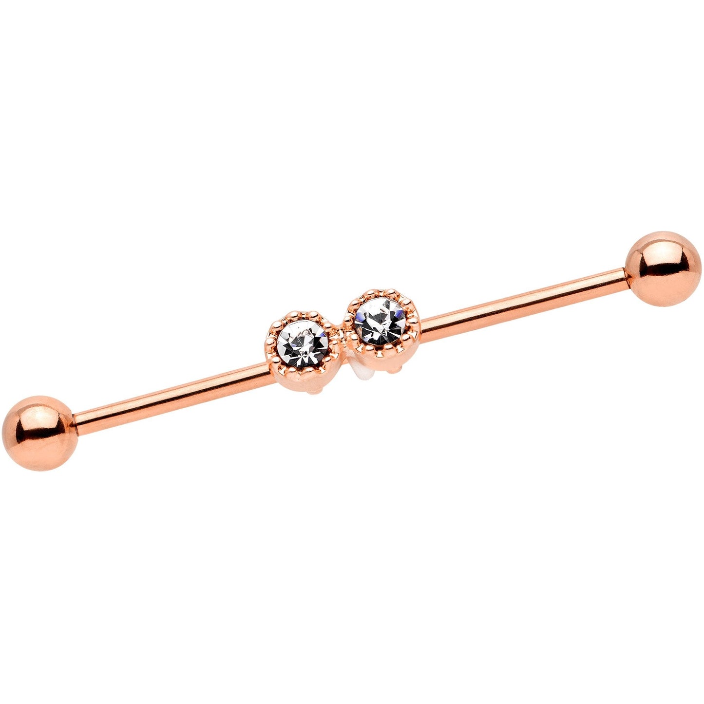 14G Clear Gem Rose Gold Tone Double Drama Industrial Barbell 38mm