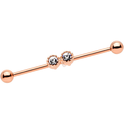 14G Clear Gem Rose Gold Tone Double Drama Industrial Barbell 38mm