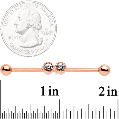 14G Clear Gem Rose Gold Tone Double Drama Industrial Barbell 38mm