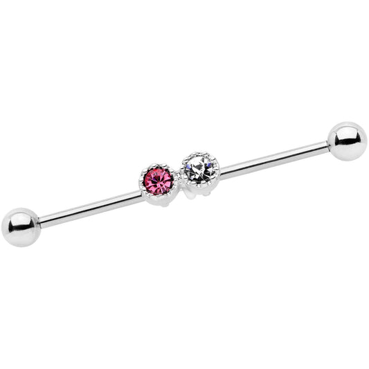 14G Clear Pink Gem Double Drama Industrial Barbell 38mm