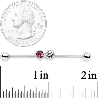 14G Clear Pink Gem Double Drama Industrial Barbell 38mm