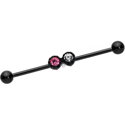 14G Clear Pink Gem Black Double Drama Industrial Barbell 38mm