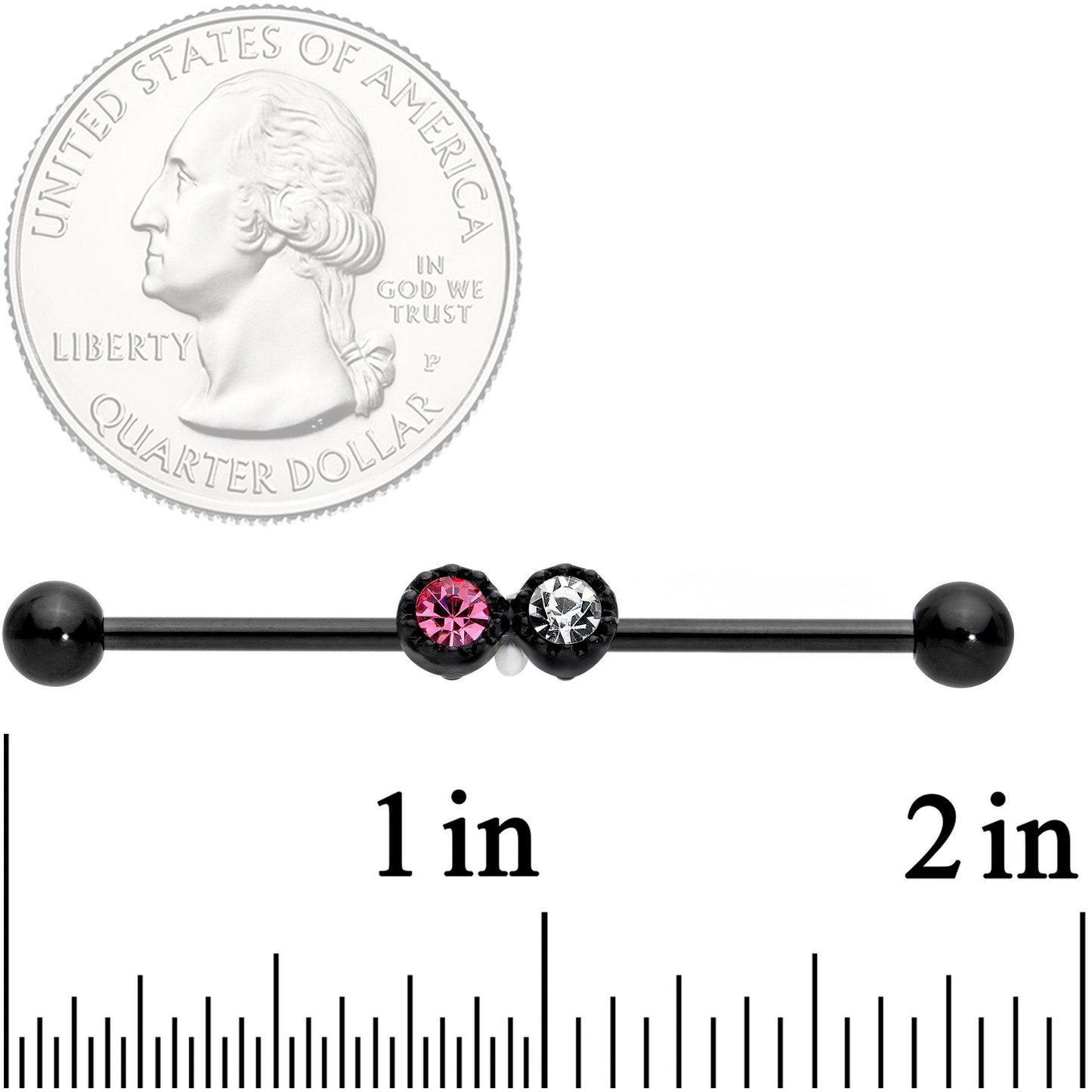 14G Clear Pink Gem Black Double Drama Industrial Barbell 38mm