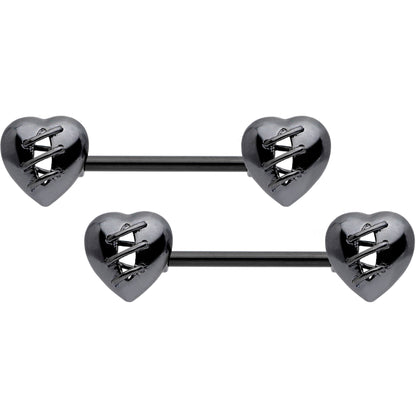 14G 9/16 Black Heal My Heart Barbell Nipple Rings