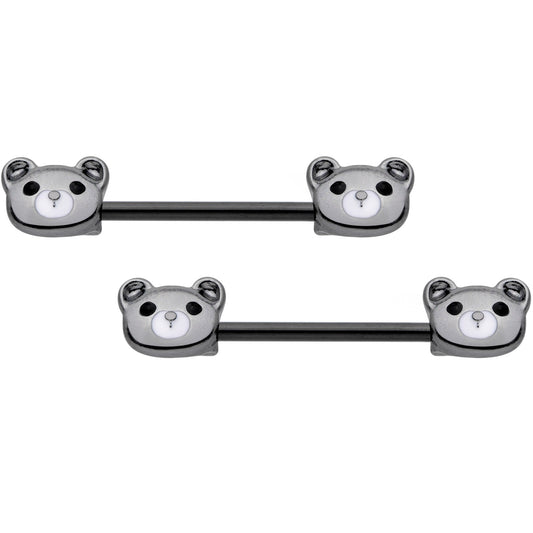 14G 9/16 Black Teddy Bear Barbell Nipple Ring Set