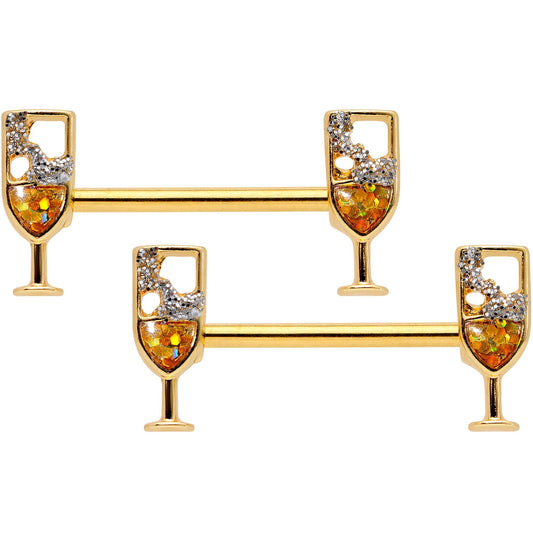 14G 9/16 Clear Gem Gold Tone Champagne Barbell Nipple Ring Set