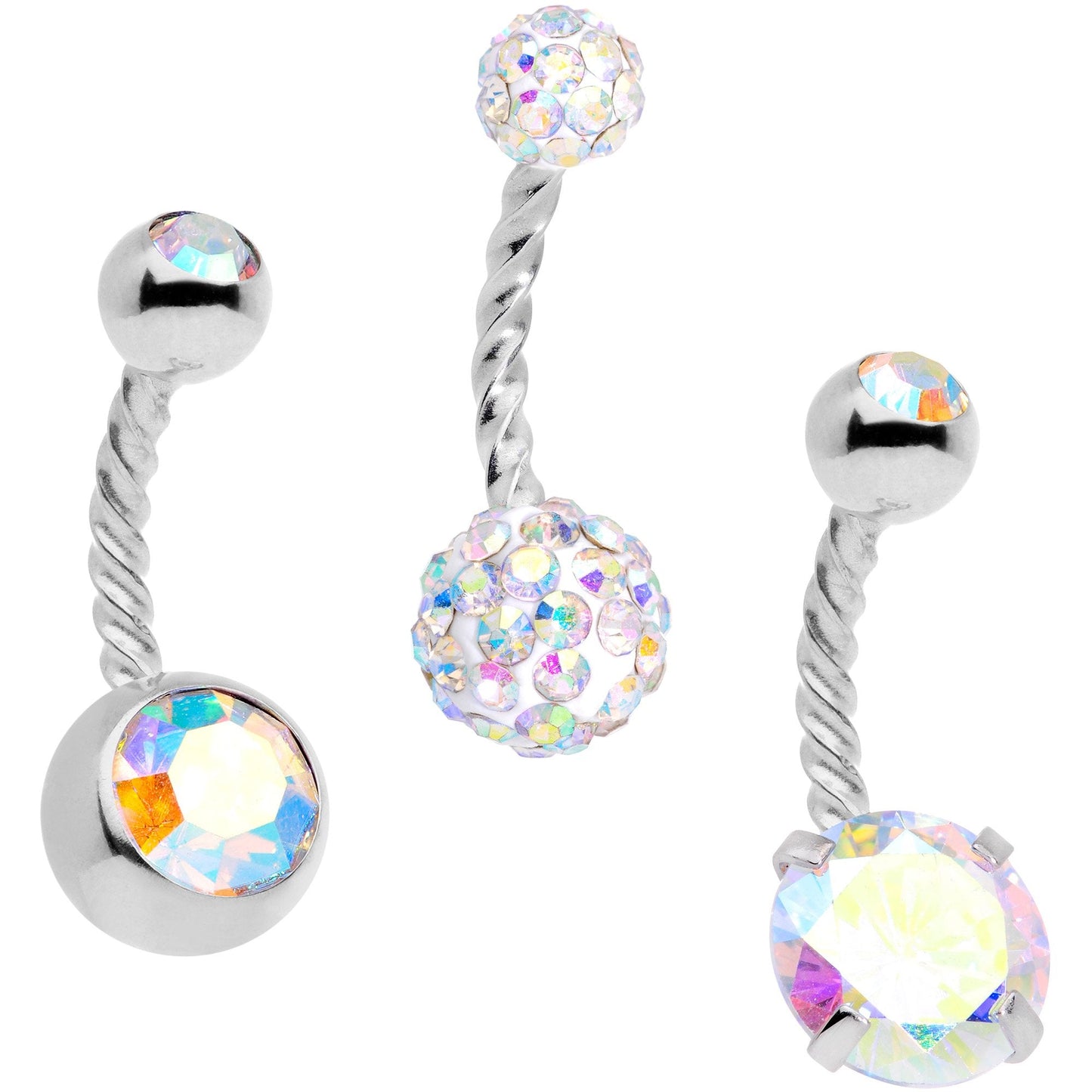 Aurora Gem Disco Ball Twisted Belly Ring Set of 3