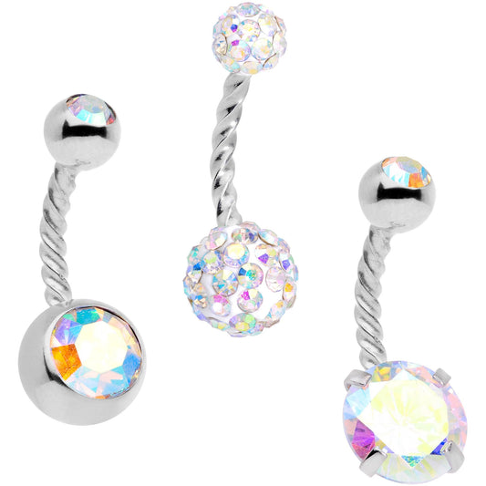 Aurora Gem Disco Ball Twisted Belly Ring Set of 3