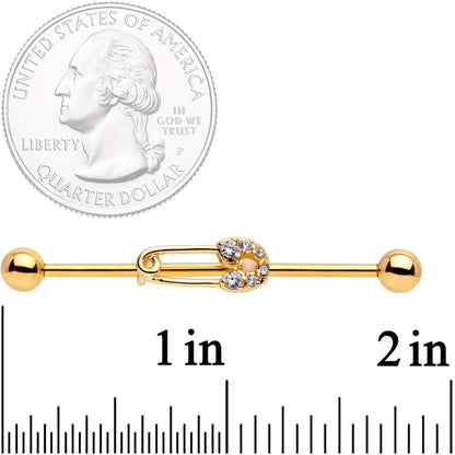 14G Clear CZ Gem Gold Tone Safety Pin Industrial Barbell 38mm