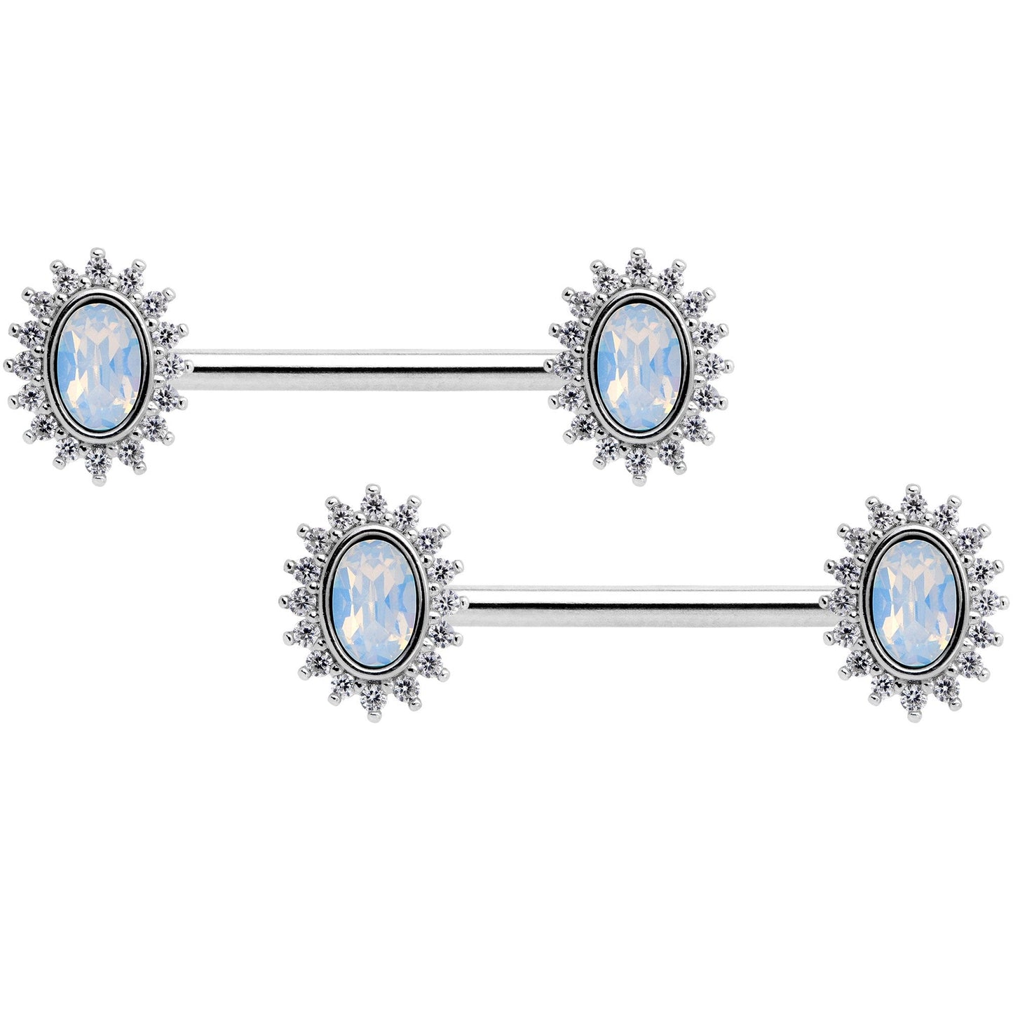 14G 9/16 Clear CZ Gem White Faux Opal Burst Nipple Ring Set