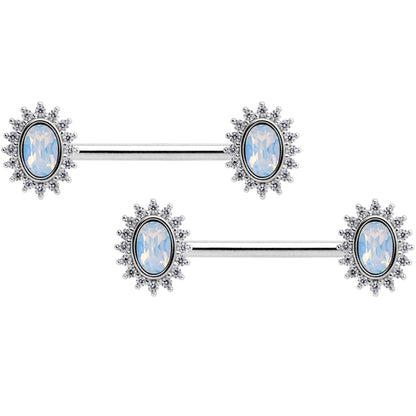 14G 9/16 Clear CZ Gem White Faux Opal Burst Nipple Ring Set