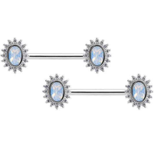 14G 9/16 Clear CZ Gem White Faux Opal Burst Nipple Ring Set