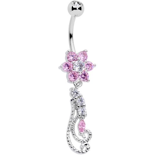 Clear Pink CZ Gem Floral Flourish Dangle Belly Ring