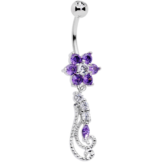 Clear Purple CZ Gem Floral Flourish Dangle Belly Ring
