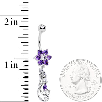 Clear Purple CZ Gem Floral Flourish Dangle Belly Ring