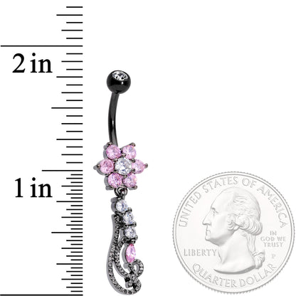 Clear Pink CZ Black Anodized Floral Flourish Dangle Belly Ring