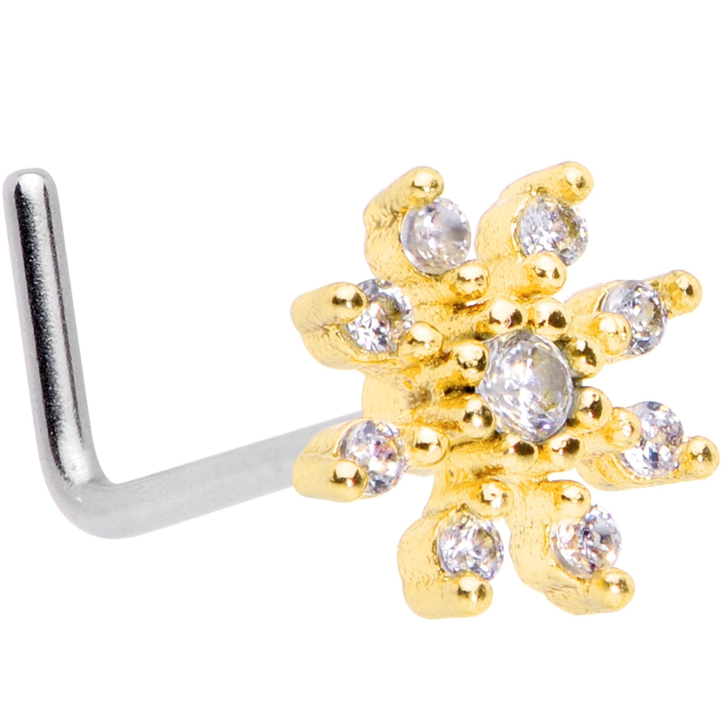 20G 1/4 Clear CZ Gem Gold Tone Flower L Shaped Nose Ring