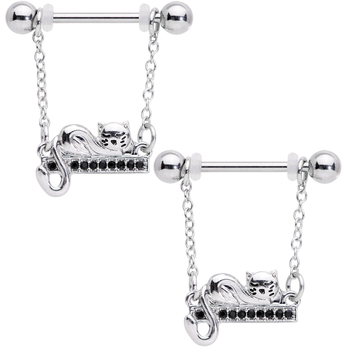 14G 5/8 Black Gem Nap Cat Dangle Nipple Ring Set