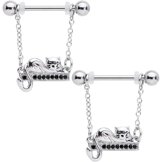 14G 5/8 Black Gem Nap Cat Dangle Nipple Ring Set