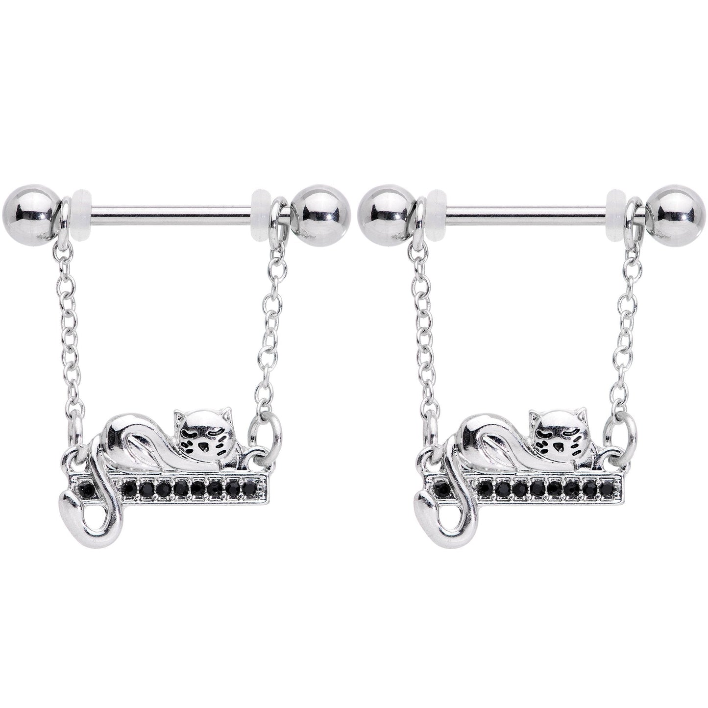 14G 5/8 Black Gem Nap Cat Dangle Nipple Ring Set