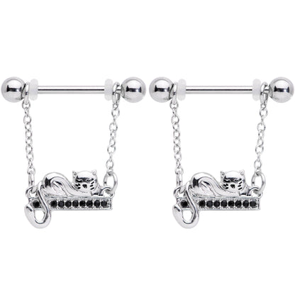 14G 5/8 Black Gem Nap Cat Dangle Nipple Ring Set