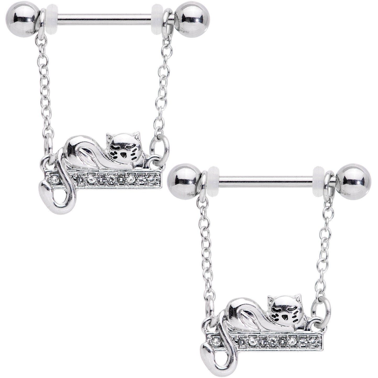 14G 5/8 Clear Gem Nap Cat Dangle Nipple Ring Set
