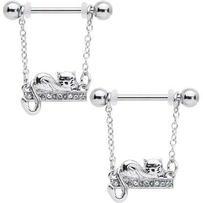 14G 5/8 Clear Gem Nap Cat Dangle Nipple Ring Set