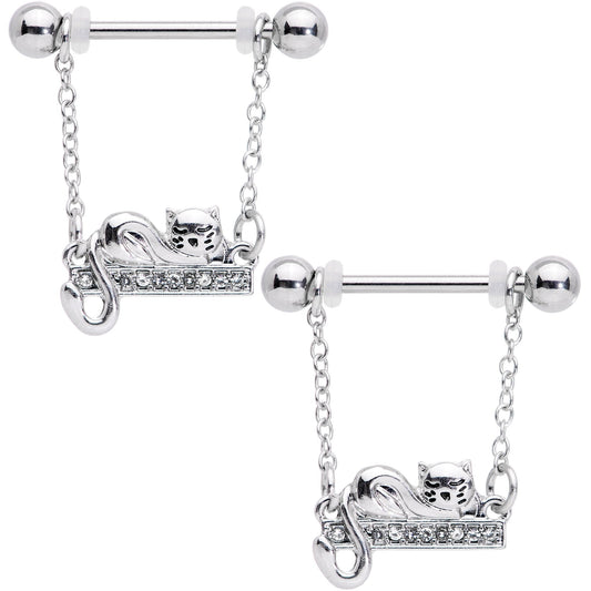 14G 5/8 Clear Gem Nap Cat Dangle Nipple Ring Set