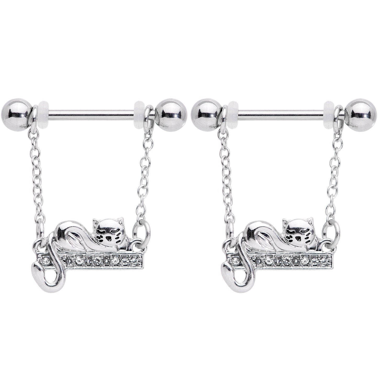 14G 5/8 Clear Gem Nap Cat Dangle Nipple Ring Set