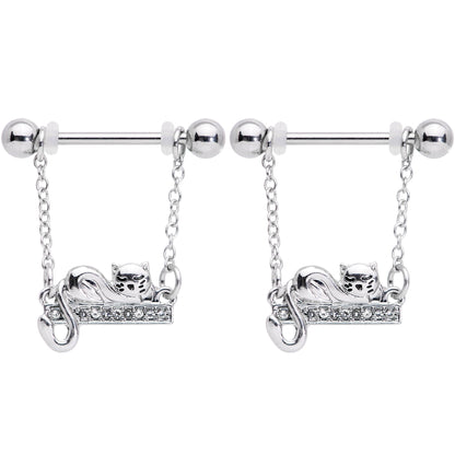 14G 5/8 Clear Gem Nap Cat Dangle Nipple Ring Set