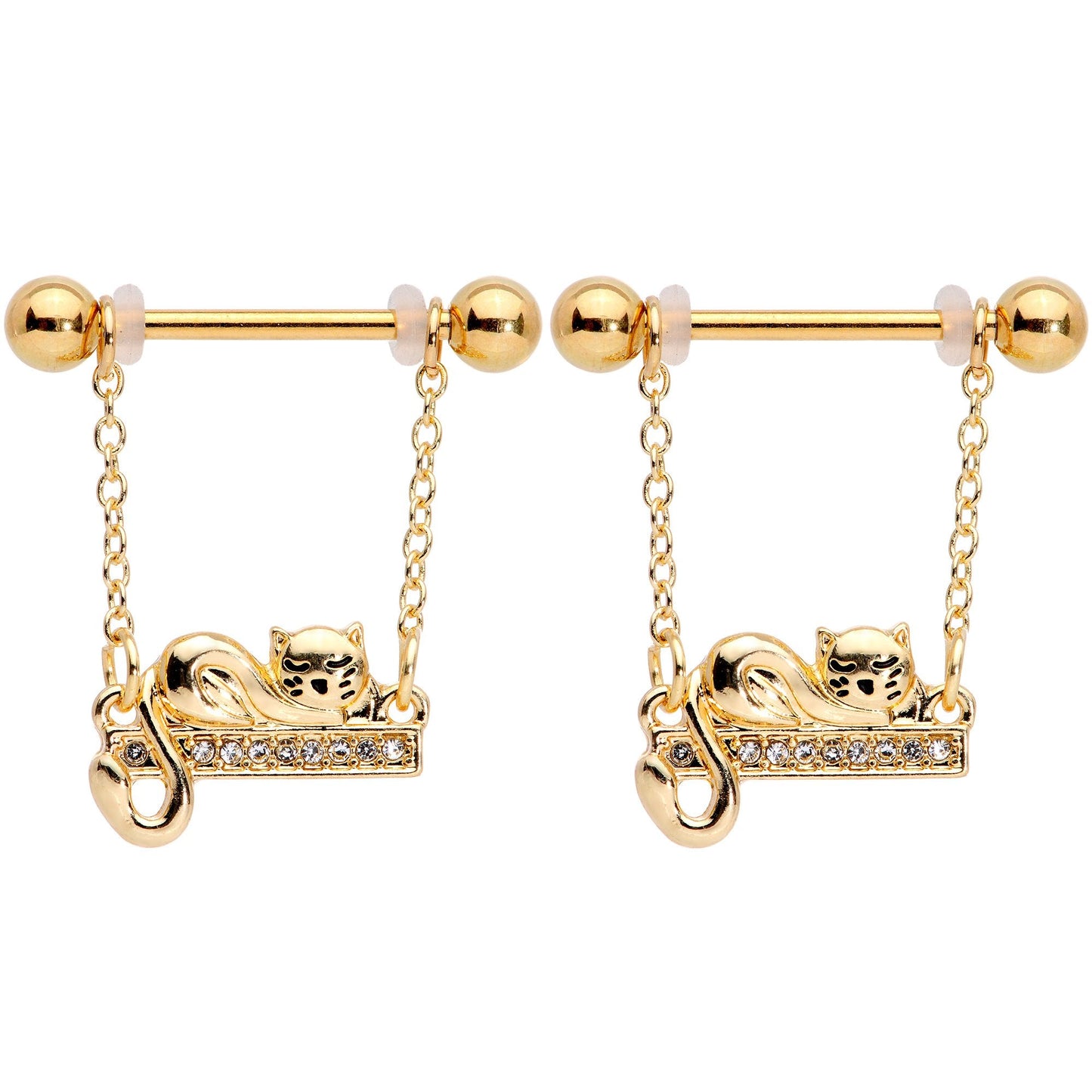 14G 5/8 Clear Gem Gold Tone Nap Cat Dangle Nipple Ring Set
