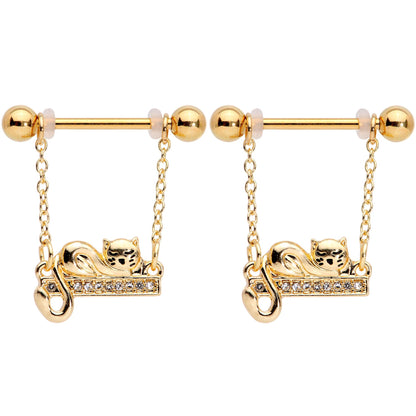 14G 5/8 Clear Gem Gold Tone Nap Cat Dangle Nipple Ring Set