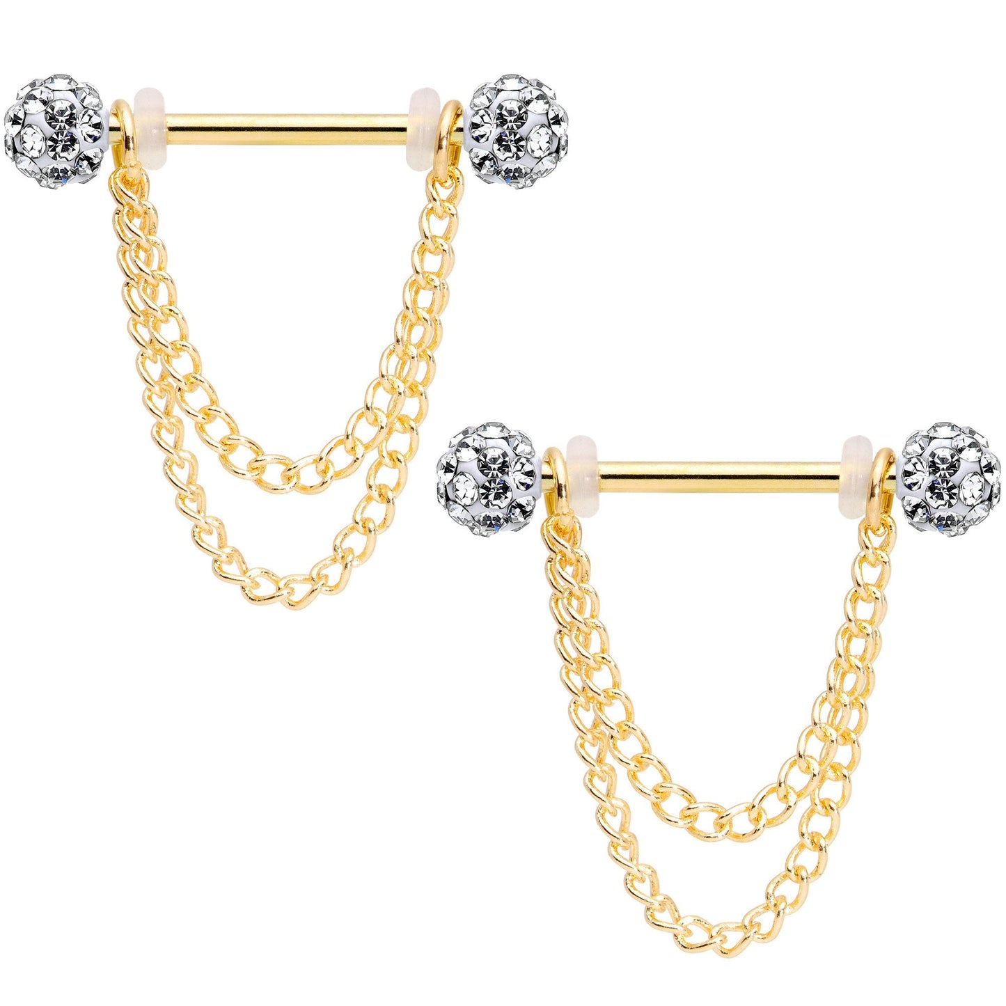 14G Clear Gem End Gold Tone Chain Dangle Nipple Ring Set