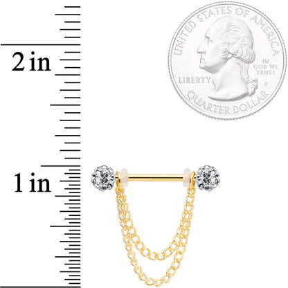 14G Clear Gem End Gold Tone Chain Dangle Nipple Ring Set