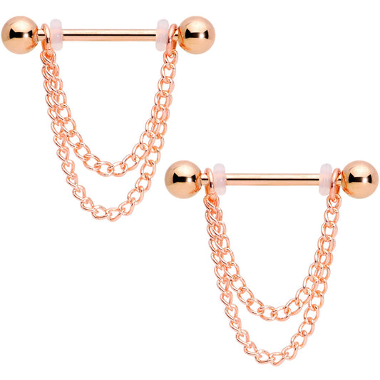 14G Rose Gold Tone Chain Dangle Nipple Ring Set