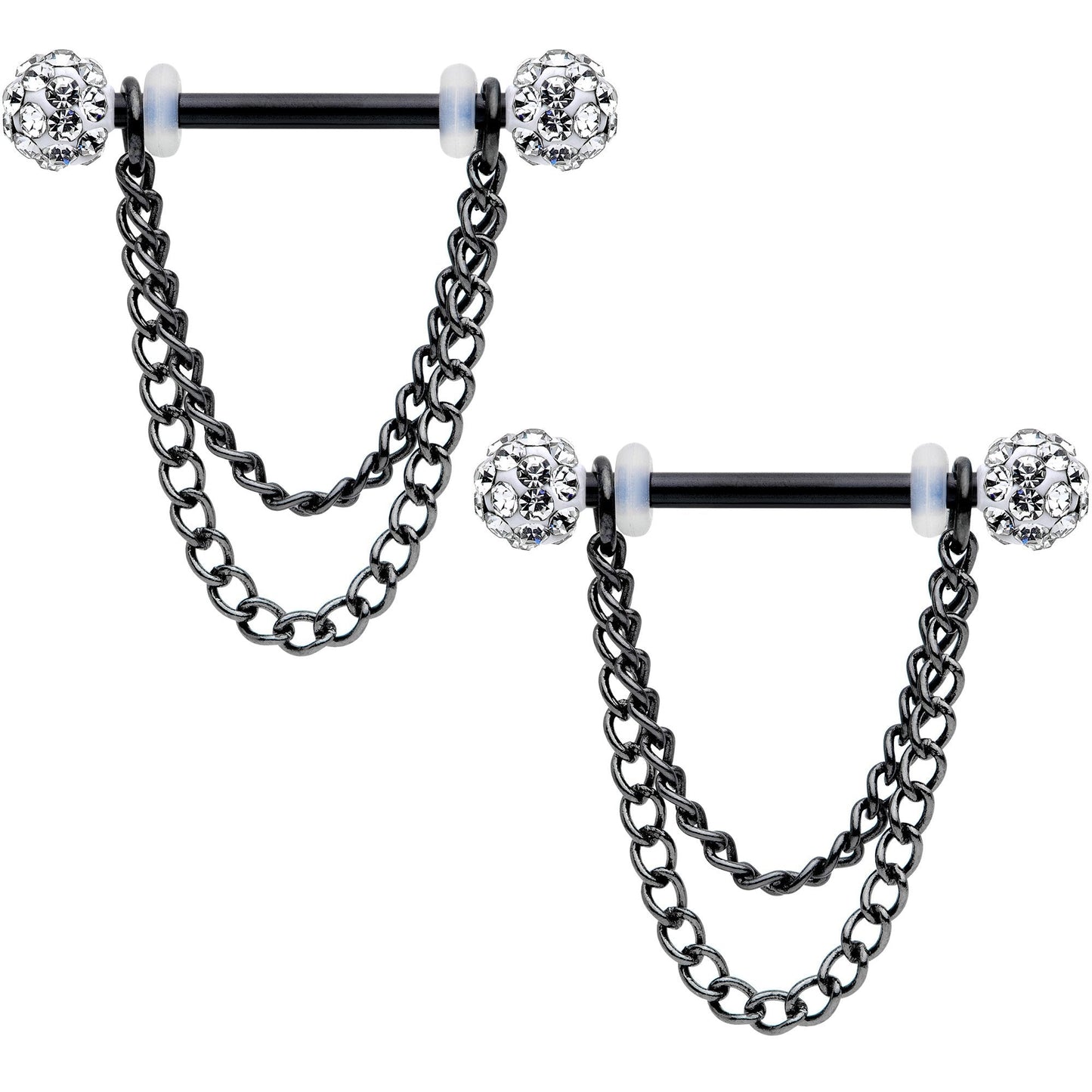 14G Clear Gem End Black Chain Dangle Nipple Ring Set