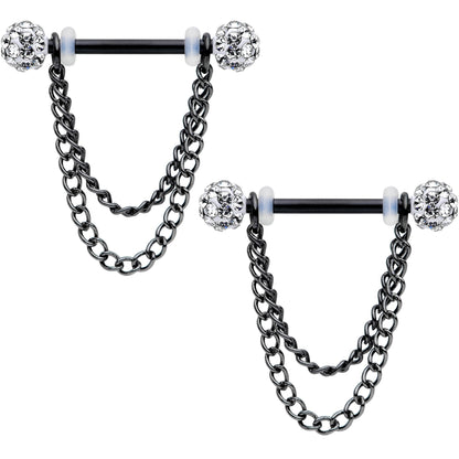 14G Clear Gem End Black Chain Dangle Nipple Ring Set