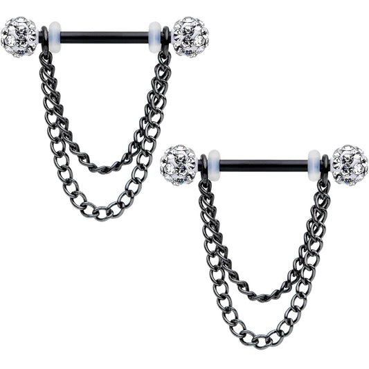 14G Clear Gem End Black Chain Dangle Nipple Ring Set
