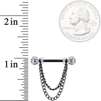 14G Clear Gem End Black Chain Dangle Nipple Ring Set