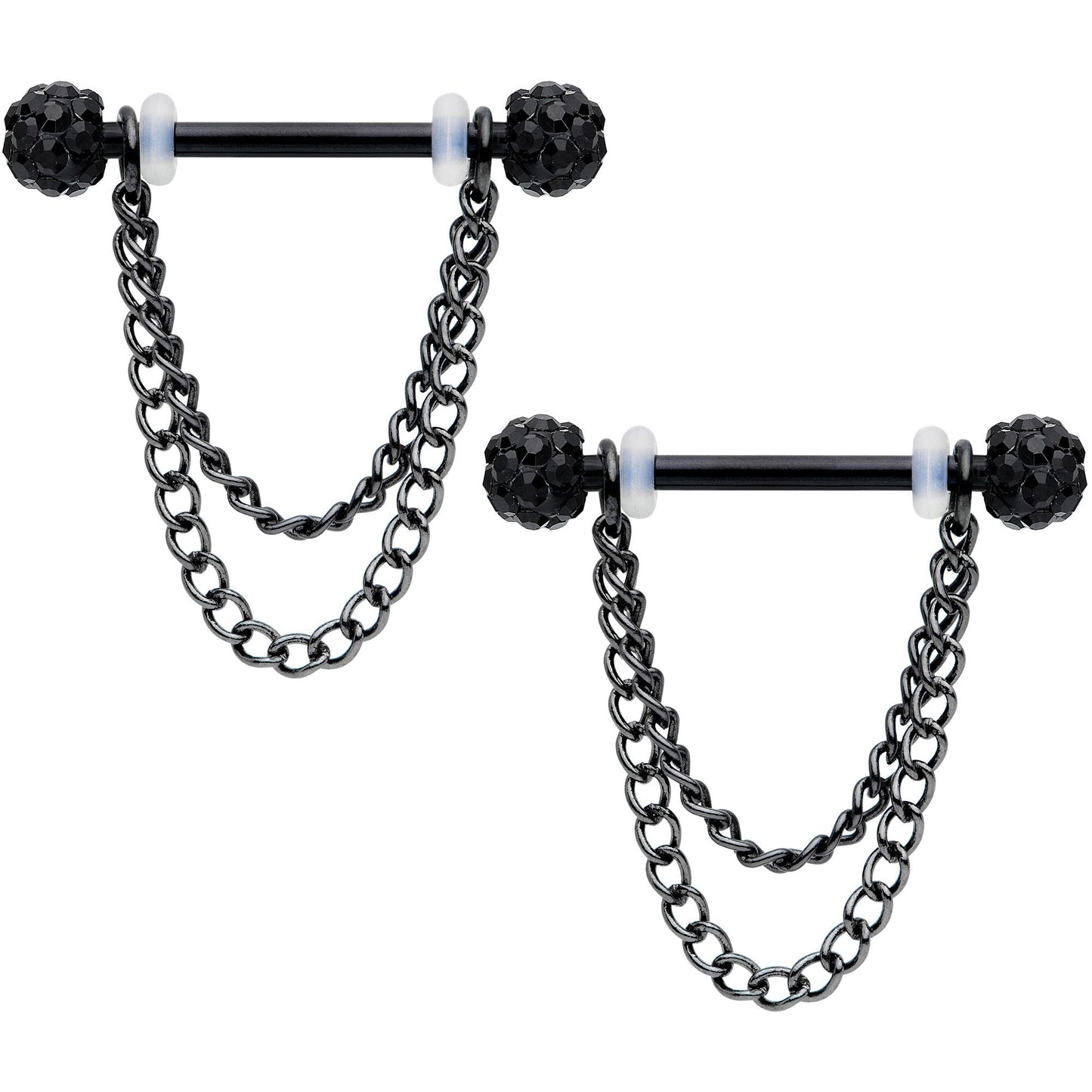 14G Black Gem End Black Chain Dangle Nipple Ring Set