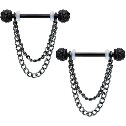 14G Black Gem End Black Chain Dangle Nipple Ring Set