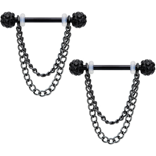 14G Black Gem End Black Chain Dangle Nipple Ring Set