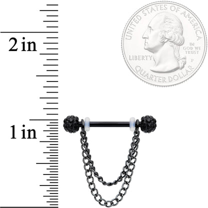 14G Black Gem End Black Chain Dangle Nipple Ring Set