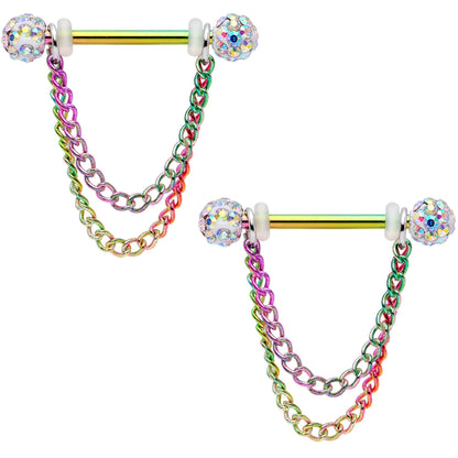 14G Clear Gem End Rainbow Chain Dangle Nipple Ring Set