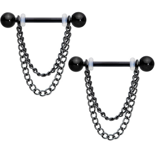 14G Black Chain Dangle Nipple Ring Set