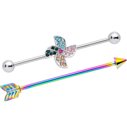 14G Rainbow Gem Pinwheel and Arrow Industrial Barbell Set 38mm