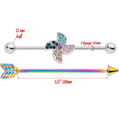 14G Rainbow Gem Pinwheel and Arrow Industrial Barbell Set 38mm
