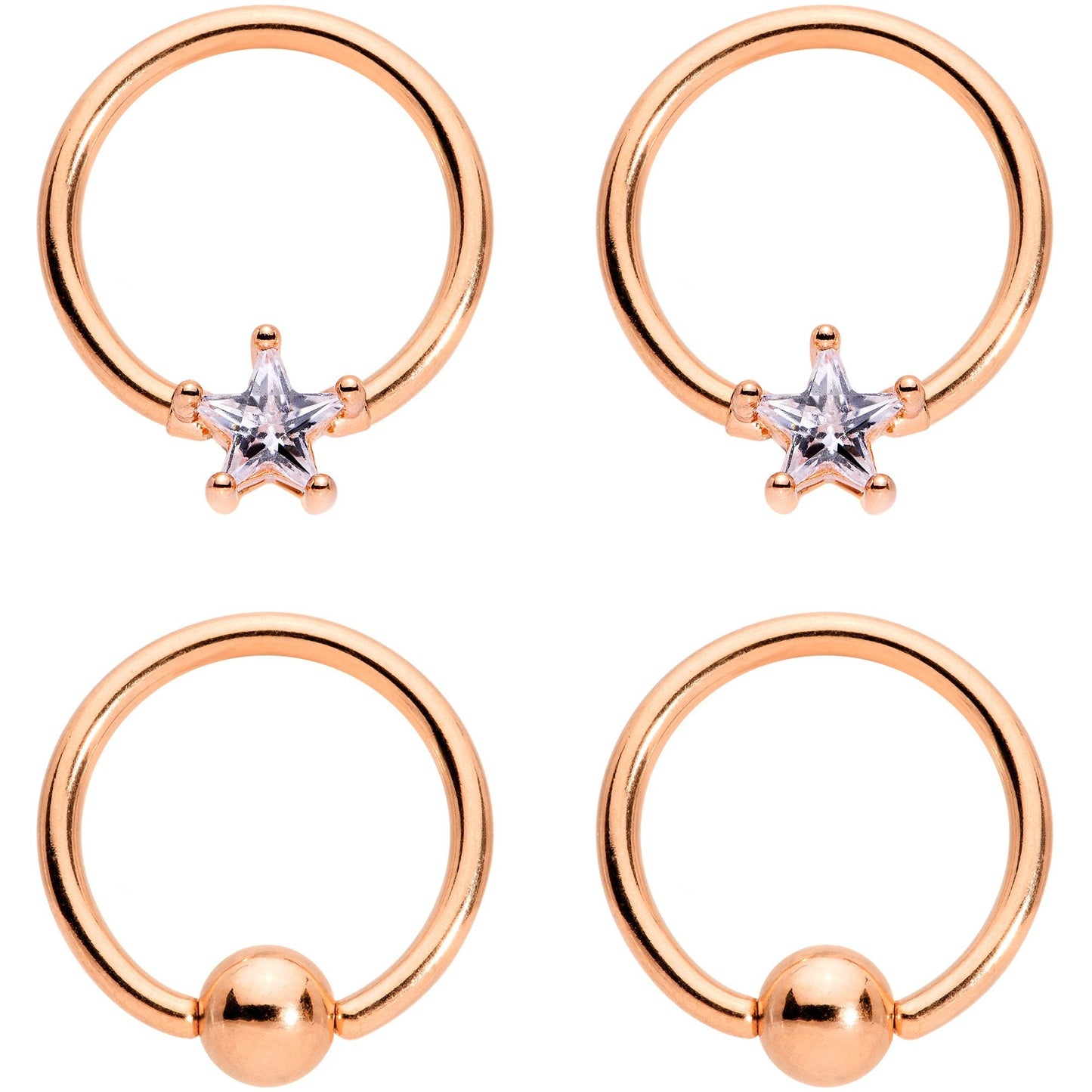 14G Clear Star CZ Gem Rose Gold Tone Captive Nipple Ring Set of 4