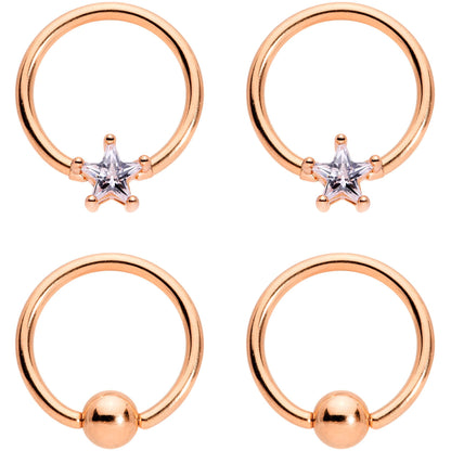 14G Clear Star CZ Gem Rose Gold Tone Captive Nipple Ring Set of 4