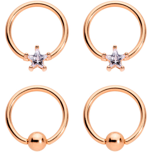 14G Clear Star CZ Gem Rose Gold Tone Captive Nipple Ring Set of 4